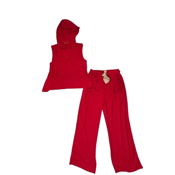Morhuduck Pants - Morhuduck Two-Piece Red Waffle Knit Sleeveless Hooded Tank and Pant Set Size M N